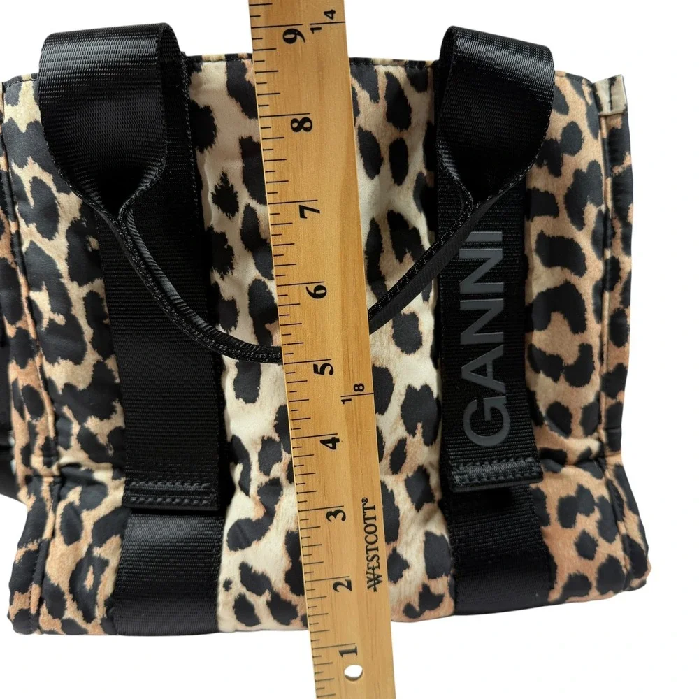Ganni Leopard Print Tech Tote Bag Recycled Polyester Crossbody Handbag Black Tan